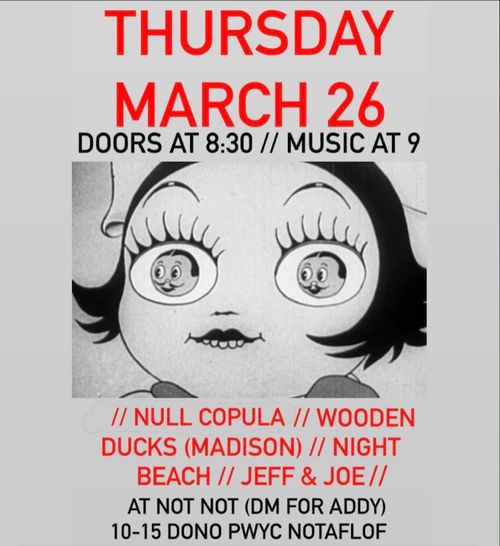 Null Copula, Wooden Ducks, Night Beach, Jeff & Joe